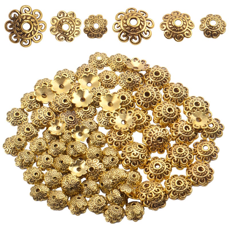 BronaGrand 200pcs 8mm/10mm/12mm Bead Caps Spacer Beads Flower Bead Caps Jewelry DIY Findings for Necklace Bracelet Making,Antique Gold - Image 1